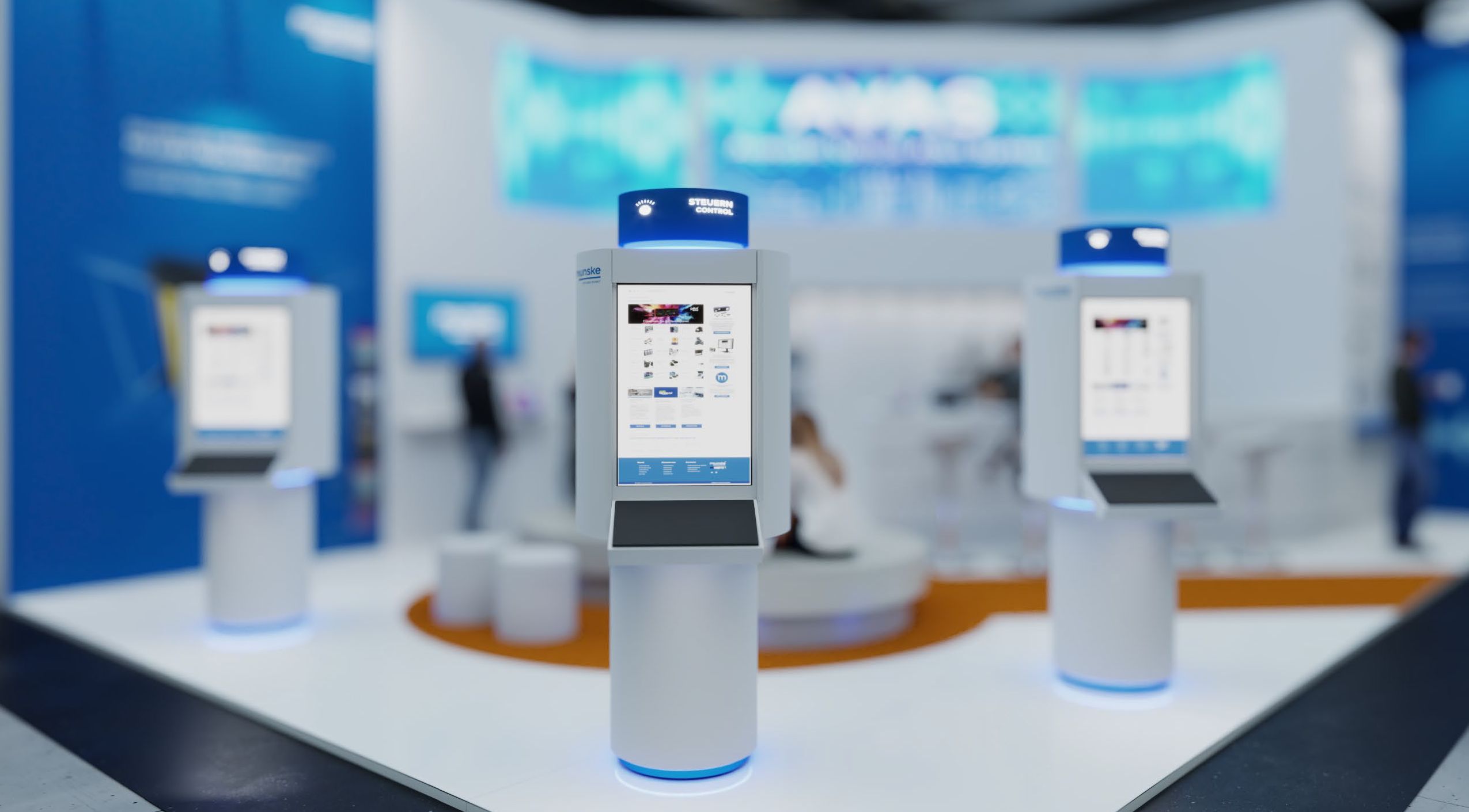 Digital touchscreen kiosk with illuminated blue base, displayed at a trade show.